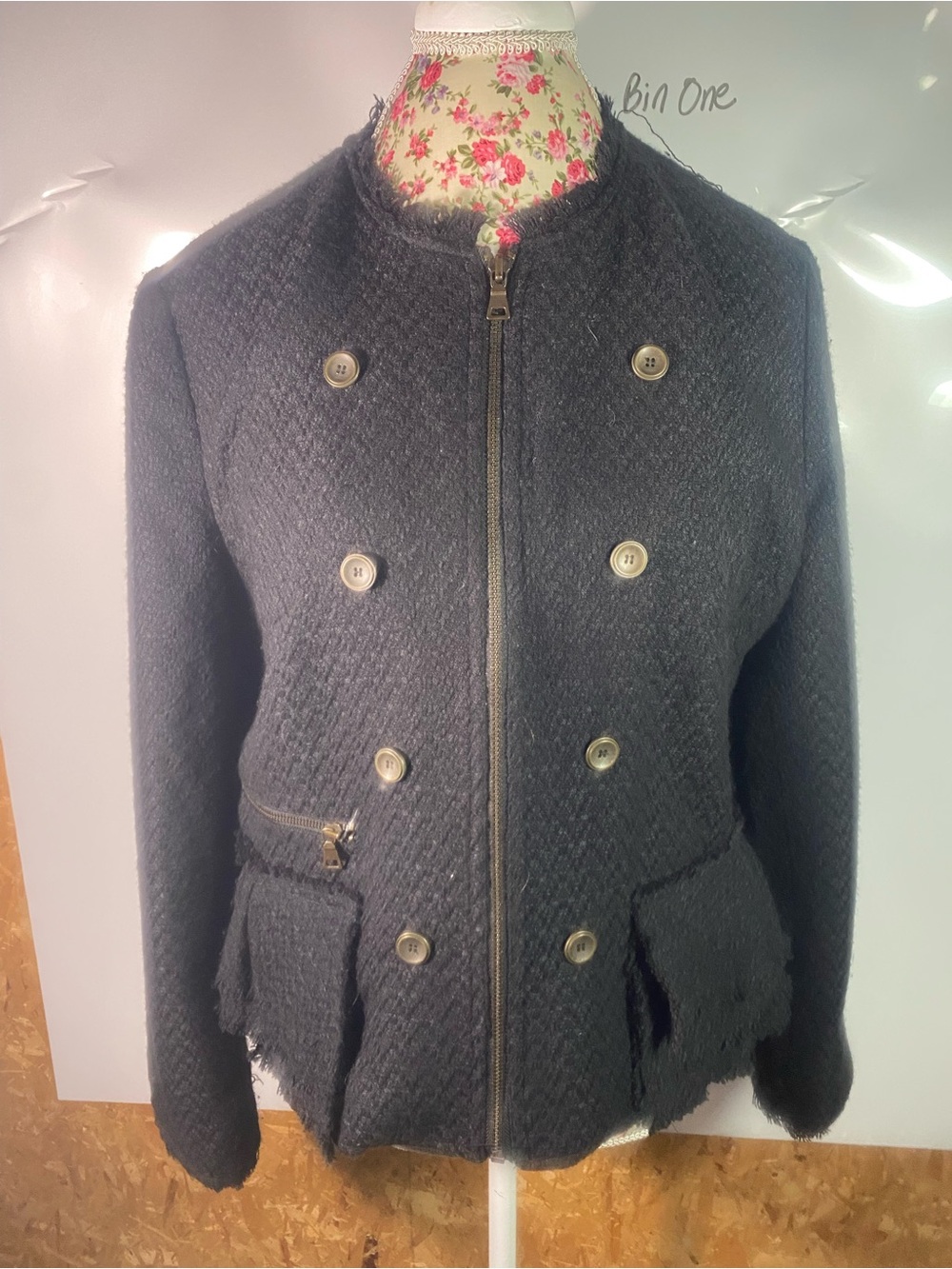 Worthington Black Textured Double-Breasted Zip-Up Jacket